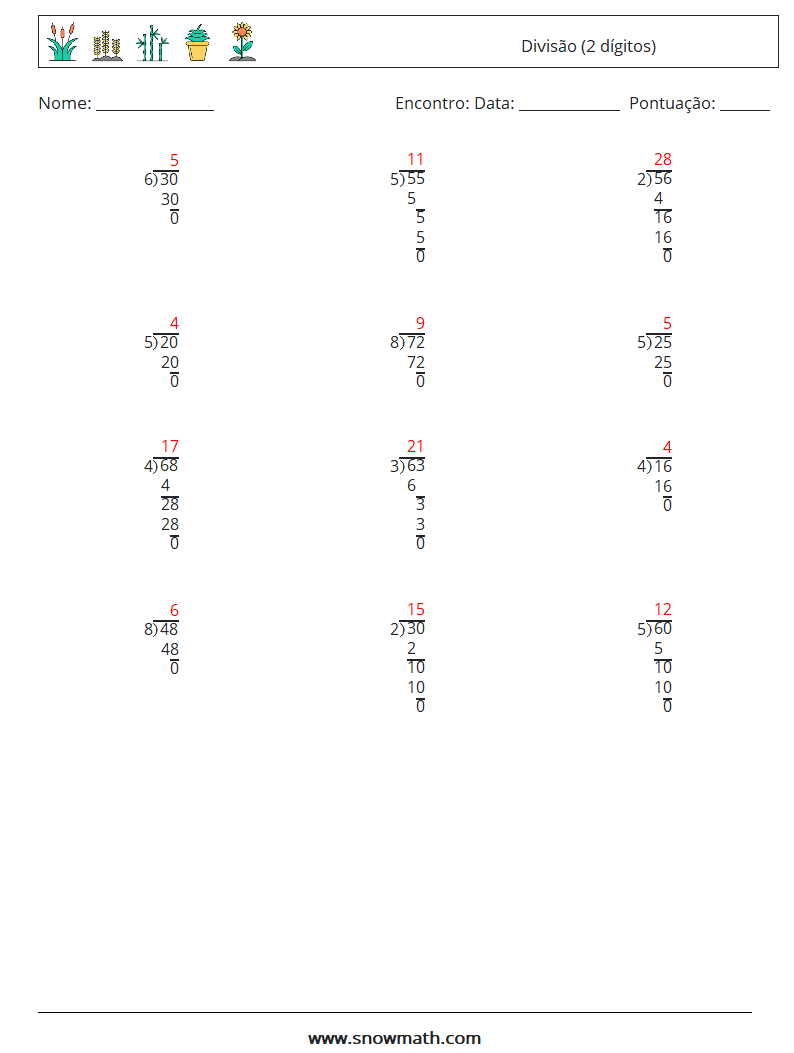 (12) Divisão (2 dígitos) planilhas matemáticas 16 Pergunta, Resposta