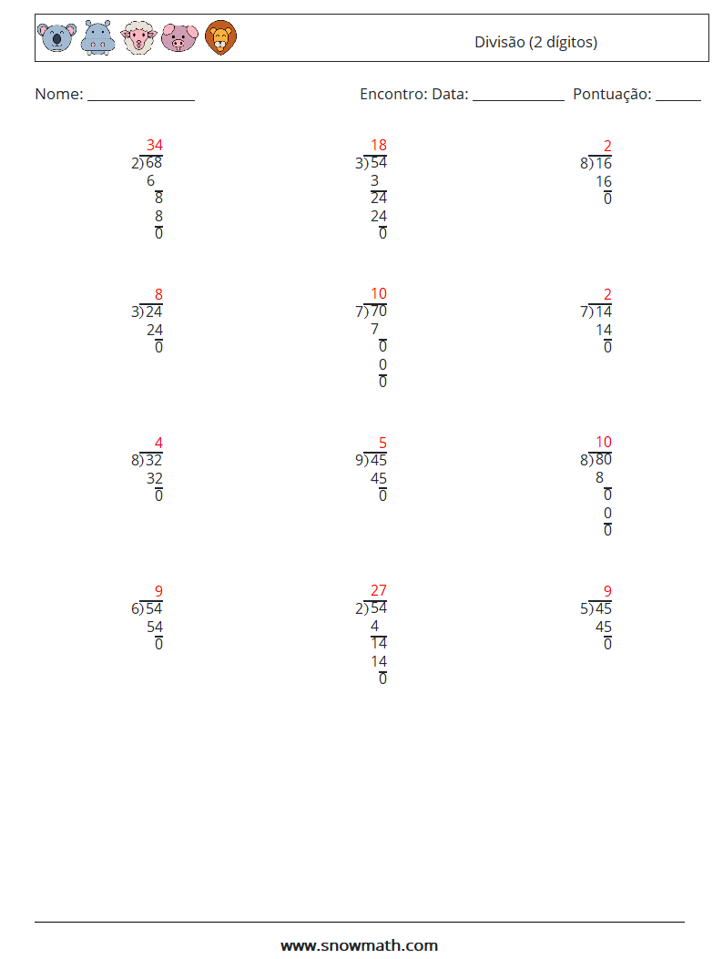 (12) Divisão (2 dígitos) planilhas matemáticas 8 Pergunta, Resposta