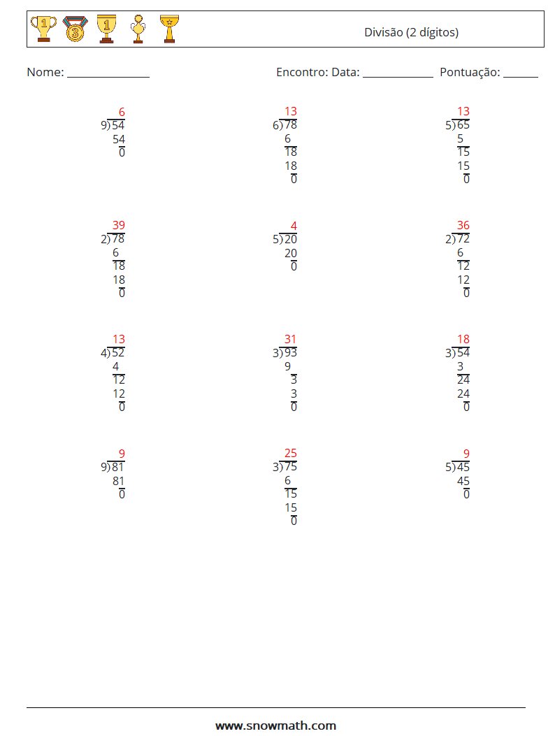 (12) Divisão (2 dígitos) planilhas matemáticas 9 Pergunta, Resposta