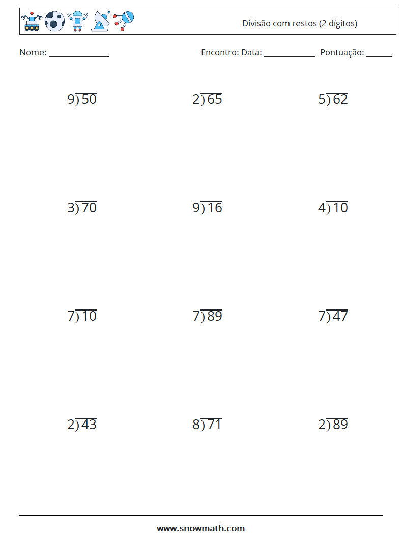 (12) Divisão com restos (2 dígitos) planilhas matemáticas 1