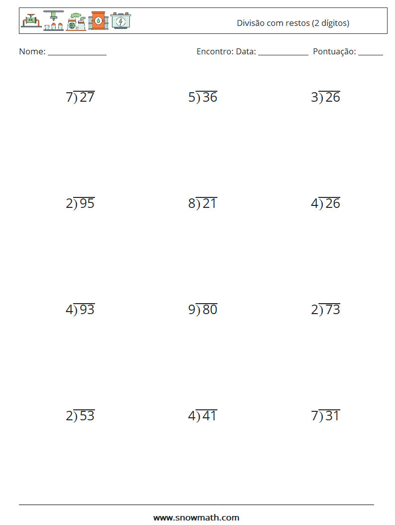 (12) Divisão com restos (2 dígitos) planilhas matemáticas 12