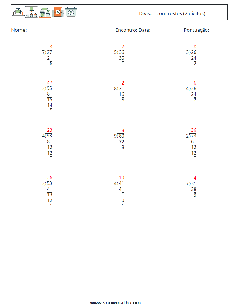 (12) Divisão com restos (2 dígitos) planilhas matemáticas 12 Pergunta, Resposta