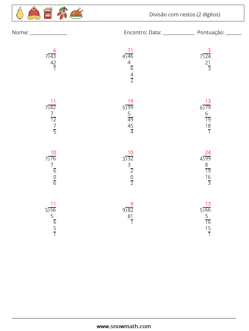 (12) Divisão com restos (2 dígitos) planilhas matemáticas 13 Pergunta, Resposta