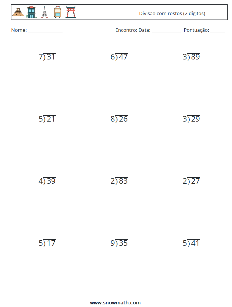 (12) Divisão com restos (2 dígitos) planilhas matemáticas 16