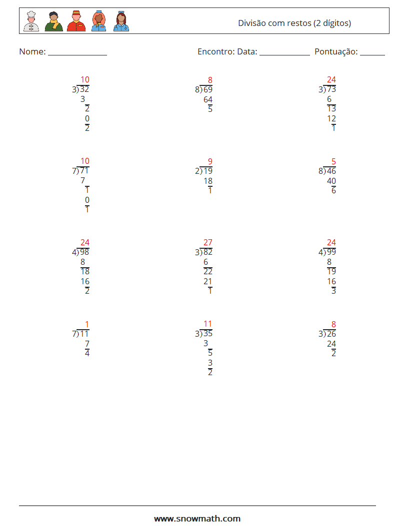 (12) Divisão com restos (2 dígitos) planilhas matemáticas 2 Pergunta, Resposta