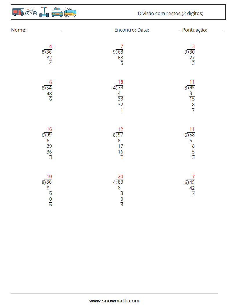 (12) Divisão com restos (2 dígitos) planilhas matemáticas 5 Pergunta, Resposta