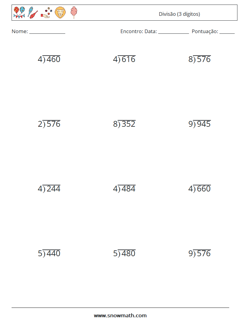 (12) Divisão (3 dígitos) planilhas matemáticas 10