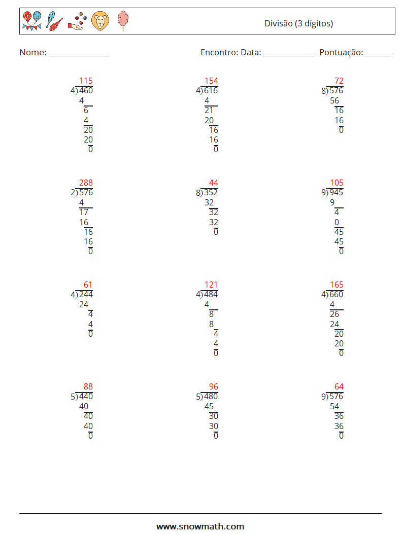 (12) Divisão (3 dígitos) planilhas matemáticas 10 Pergunta, Resposta