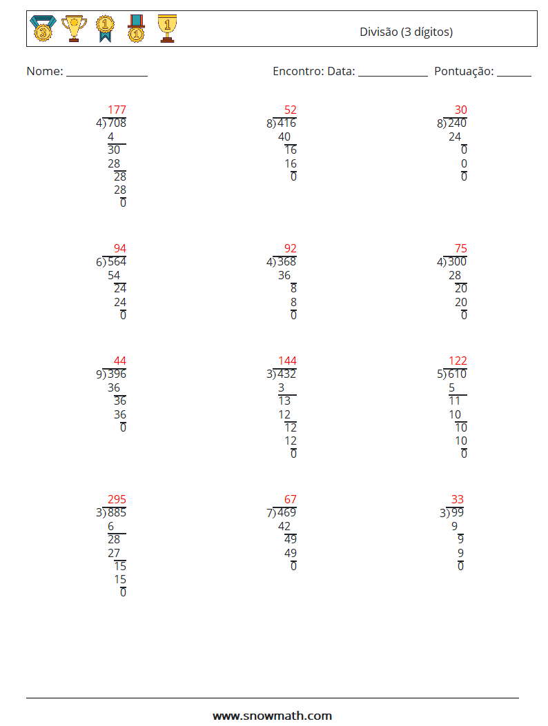 (12) Divisão (3 dígitos) planilhas matemáticas 11 Pergunta, Resposta