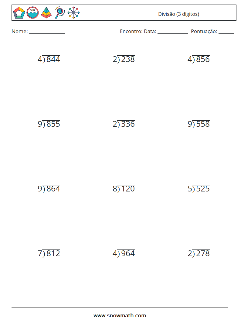 (12) Divisão (3 dígitos) planilhas matemáticas 12