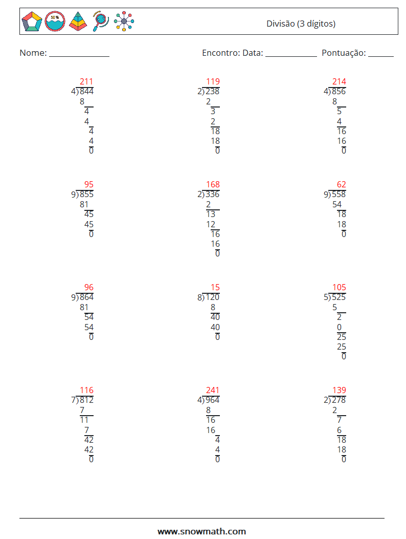 (12) Divisão (3 dígitos) planilhas matemáticas 12 Pergunta, Resposta