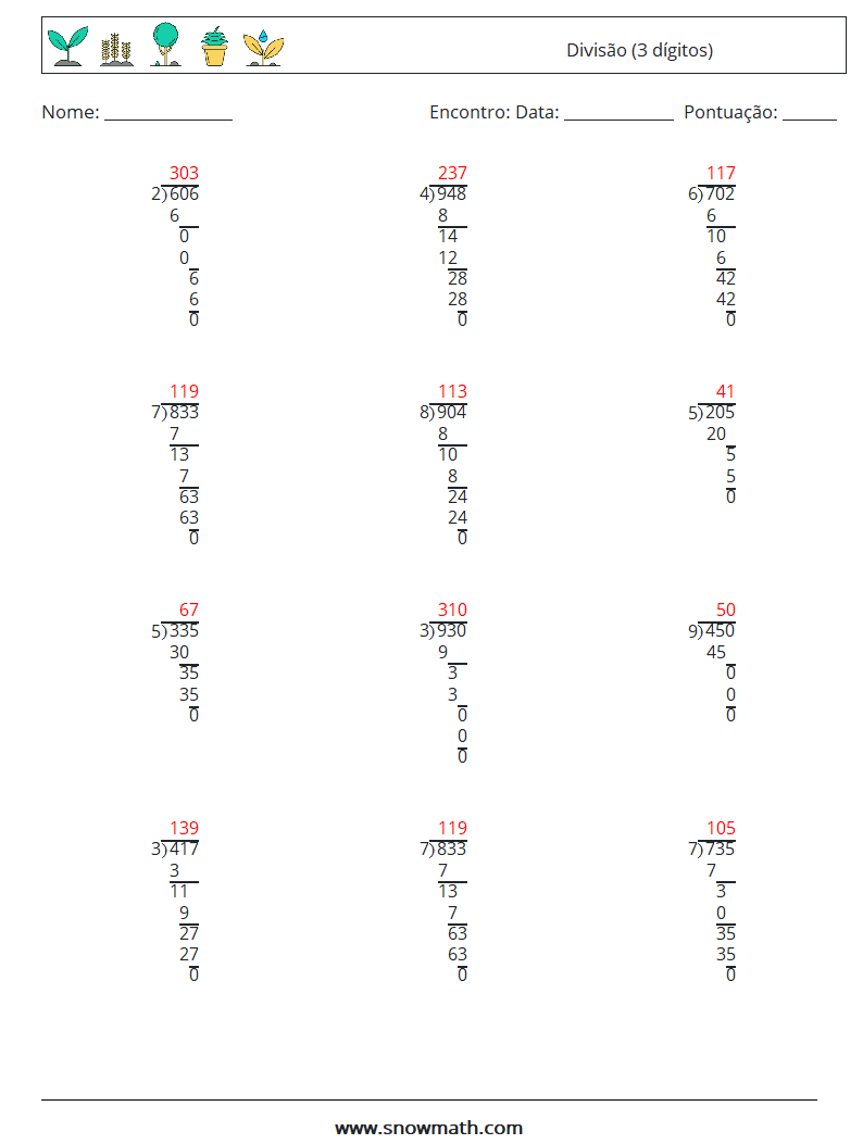 (12) Divisão (3 dígitos) planilhas matemáticas 17 Pergunta, Resposta