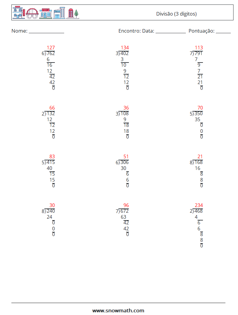 (12) Divisão (3 dígitos) planilhas matemáticas 18 Pergunta, Resposta