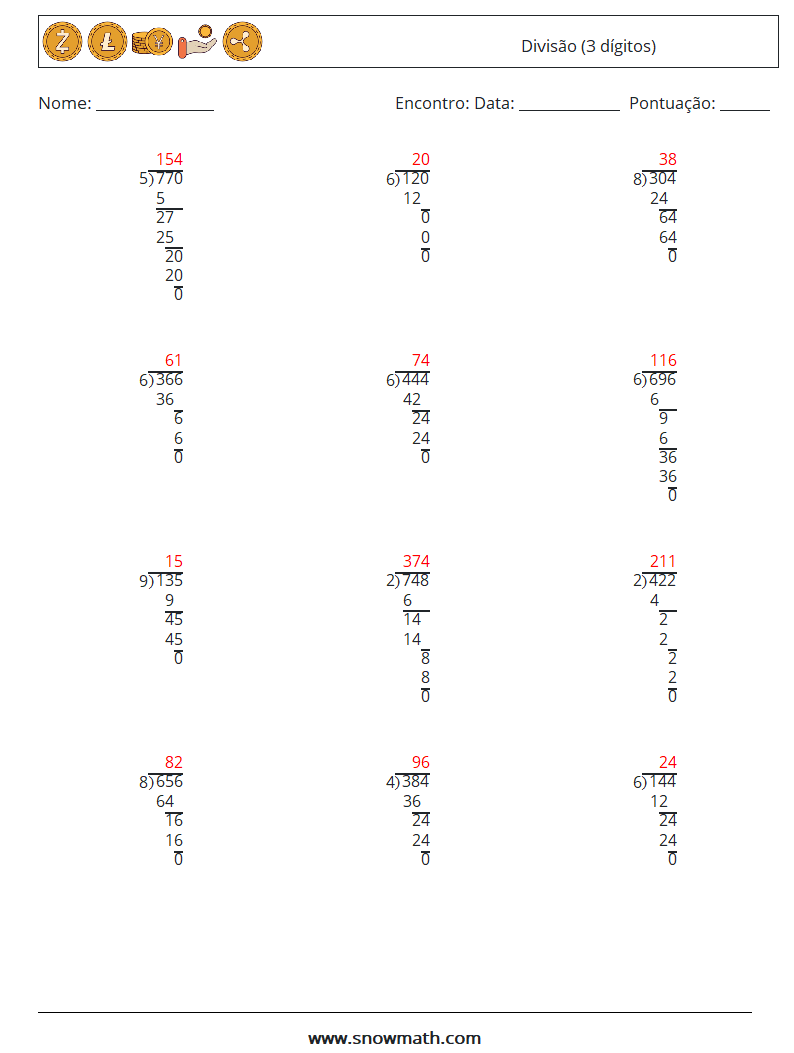 (12) Divisão (3 dígitos) planilhas matemáticas 2 Pergunta, Resposta