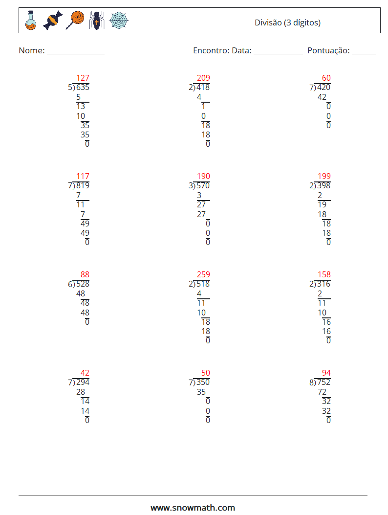 (12) Divisão (3 dígitos) planilhas matemáticas 3 Pergunta, Resposta