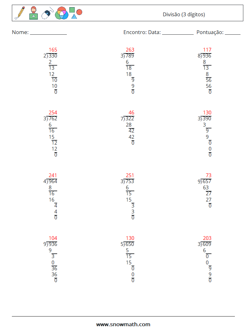 (12) Divisão (3 dígitos) planilhas matemáticas 5 Pergunta, Resposta