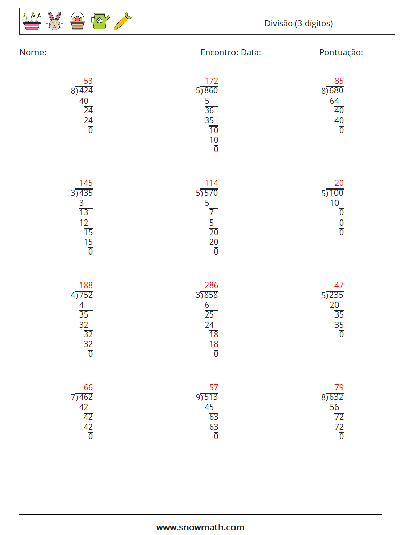 (12) Divisão (3 dígitos) planilhas matemáticas 6 Pergunta, Resposta