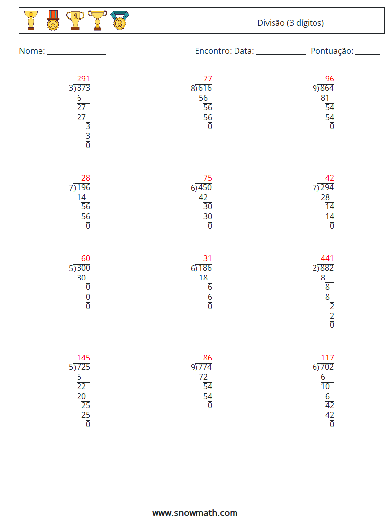 (12) Divisão (3 dígitos) planilhas matemáticas 8 Pergunta, Resposta