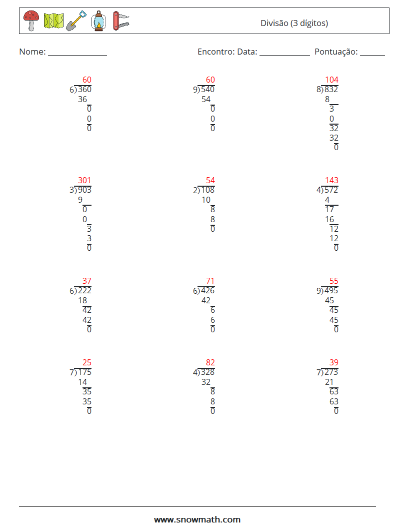 (12) Divisão (3 dígitos) planilhas matemáticas 9 Pergunta, Resposta