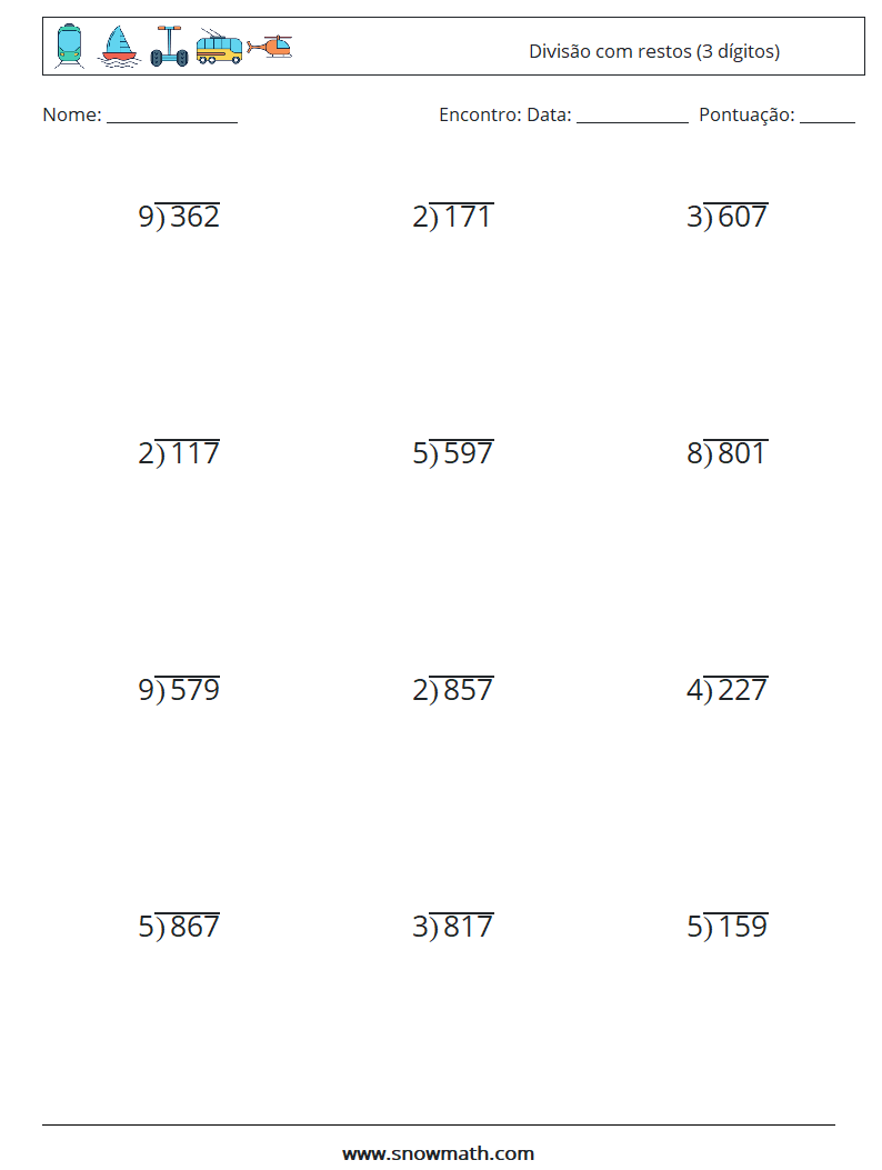 (12) Divisão com restos (3 dígitos) planilhas matemáticas 10