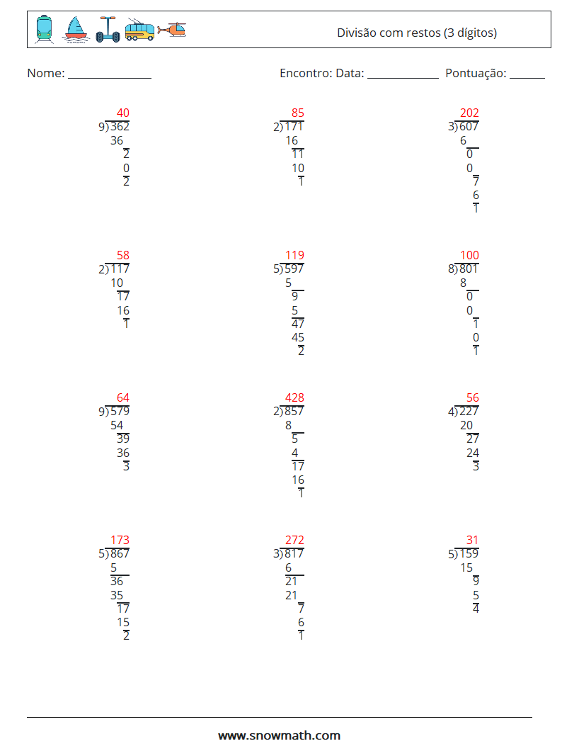 (12) Divisão com restos (3 dígitos) planilhas matemáticas 10 Pergunta, Resposta