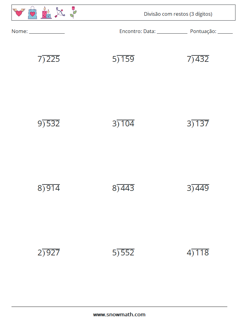 (12) Divisão com restos (3 dígitos) planilhas matemáticas 11