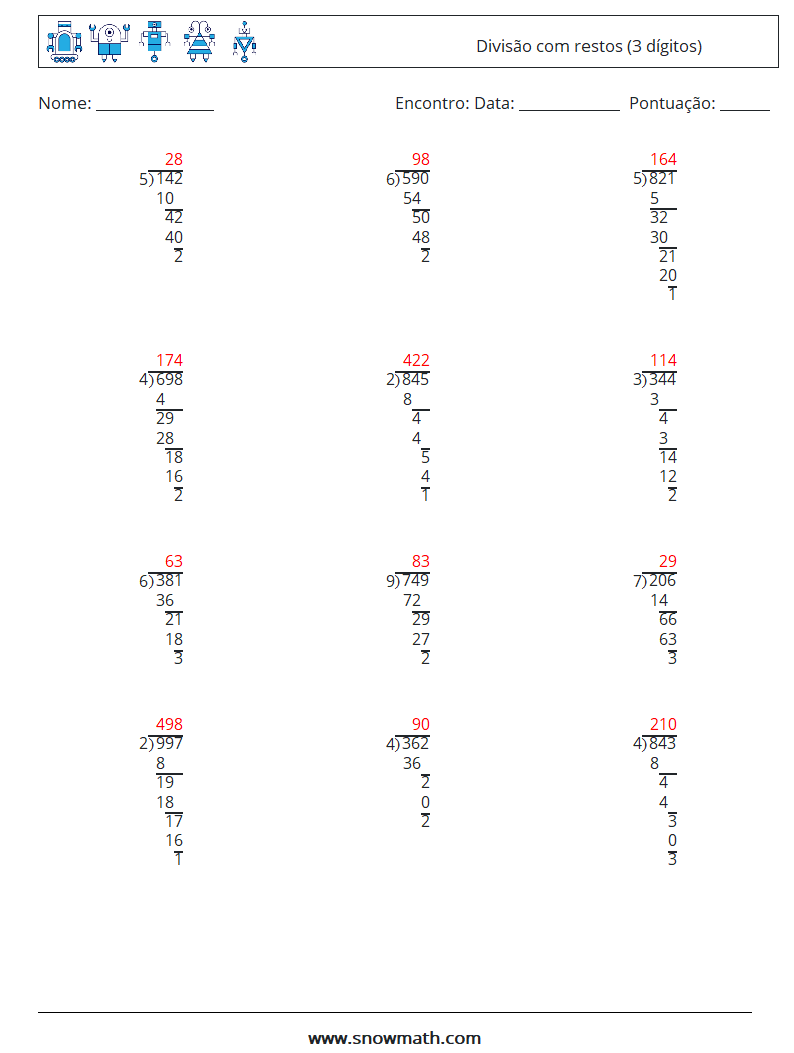 (12) Divisão com restos (3 dígitos) planilhas matemáticas 12 Pergunta, Resposta