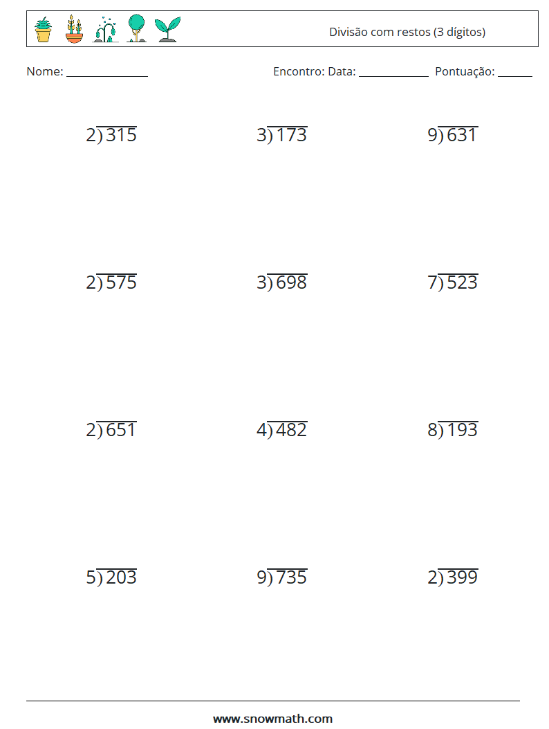 (12) Divisão com restos (3 dígitos) planilhas matemáticas 13