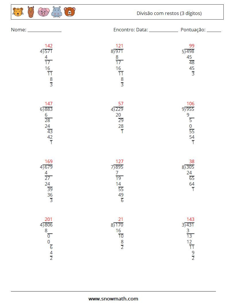 (12) Divisão com restos (3 dígitos) planilhas matemáticas 14 Pergunta, Resposta