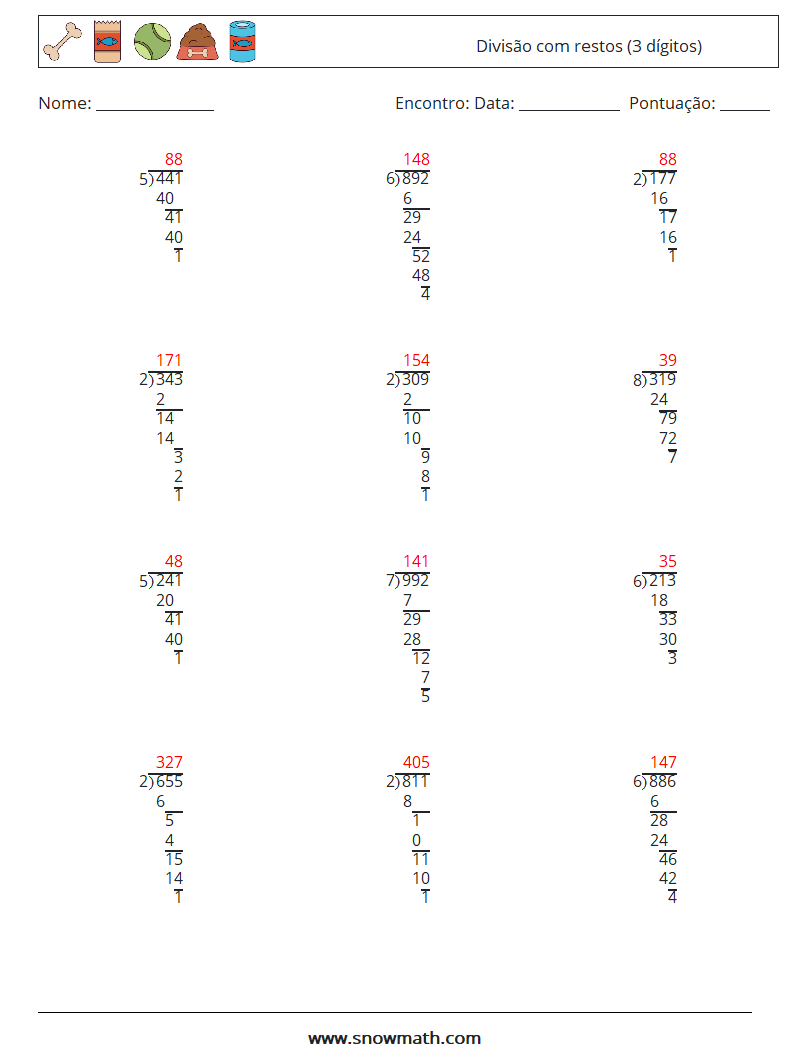 (12) Divisão com restos (3 dígitos) planilhas matemáticas 15 Pergunta, Resposta