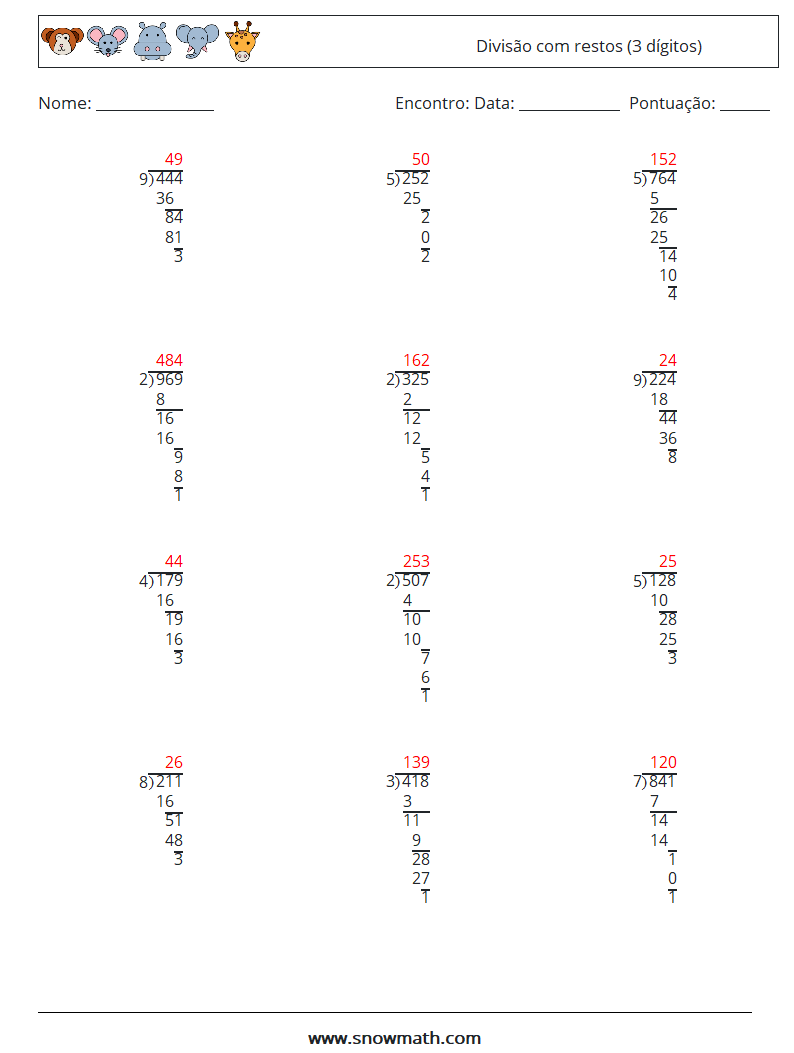 (12) Divisão com restos (3 dígitos) planilhas matemáticas 16 Pergunta, Resposta