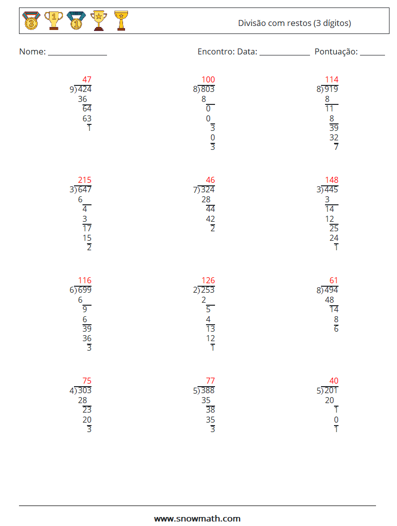 (12) Divisão com restos (3 dígitos) planilhas matemáticas 1 Pergunta, Resposta