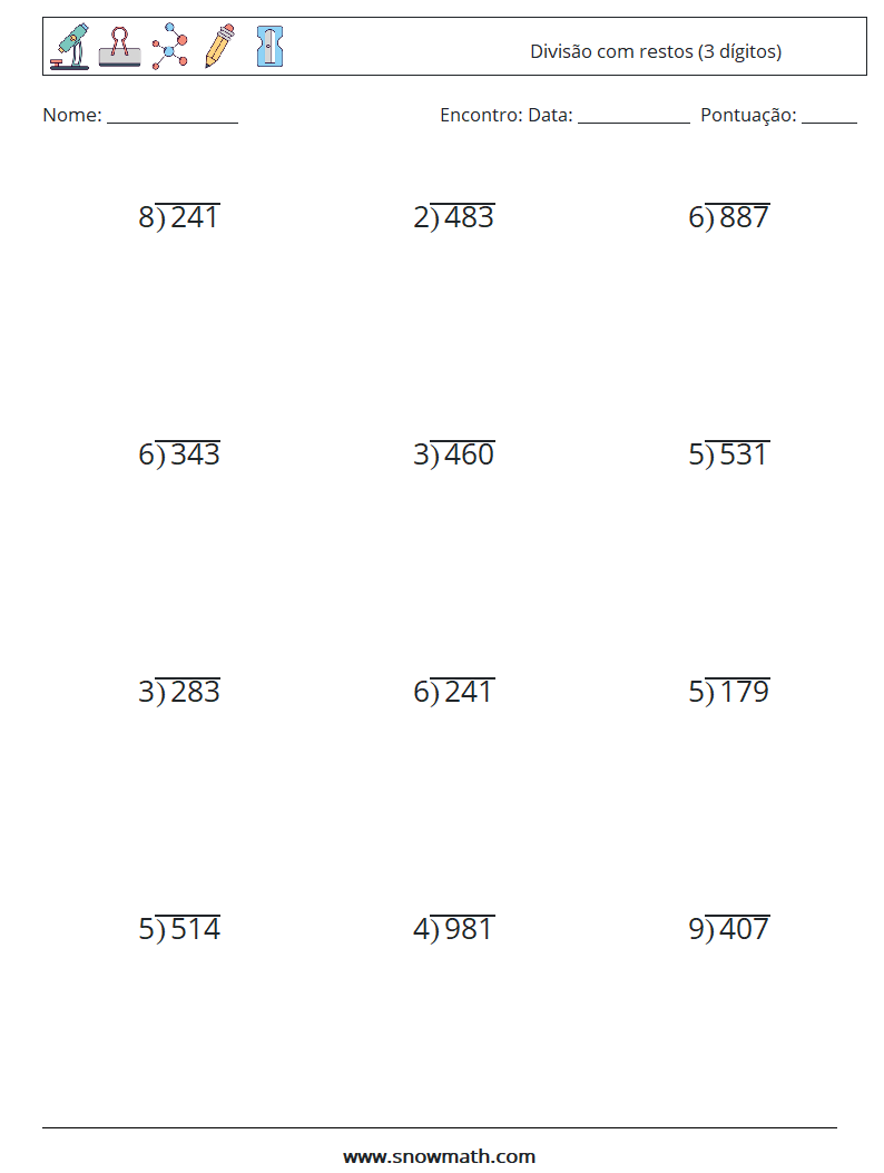 (12) Divisão com restos (3 dígitos) planilhas matemáticas 2