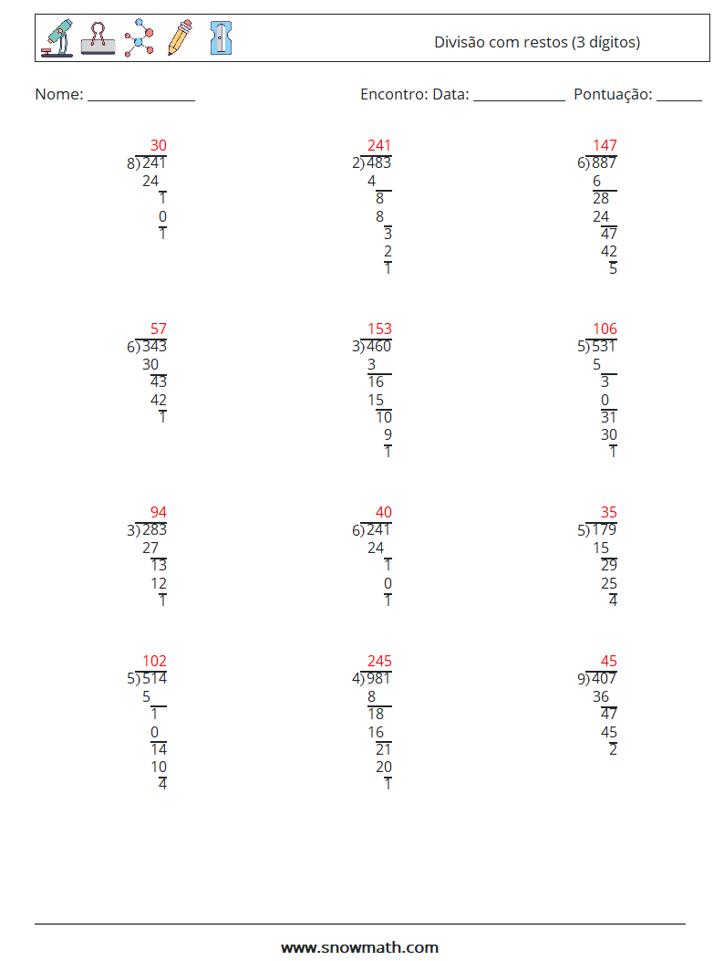 (12) Divisão com restos (3 dígitos) planilhas matemáticas 2 Pergunta, Resposta