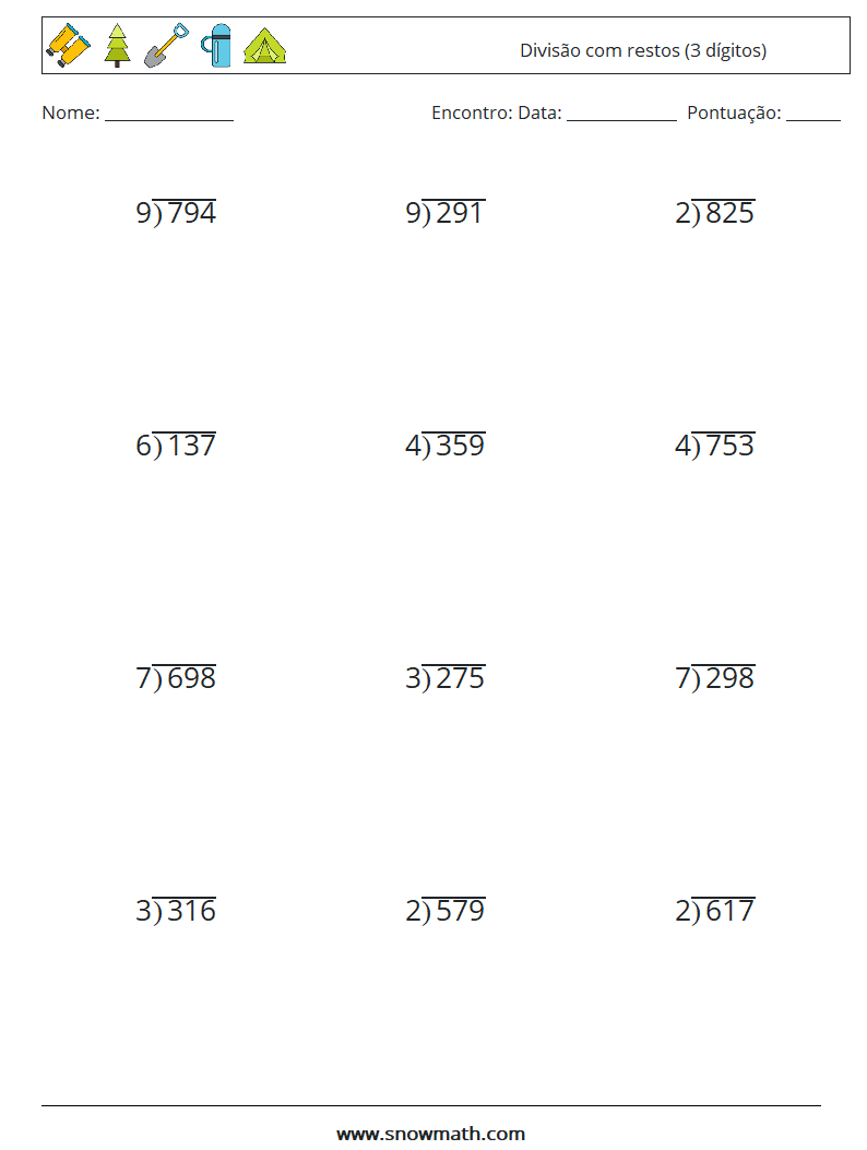 (12) Divisão com restos (3 dígitos) planilhas matemáticas 3