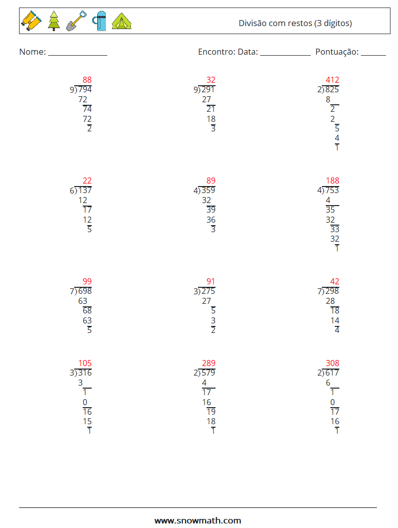 (12) Divisão com restos (3 dígitos) planilhas matemáticas 3 Pergunta, Resposta