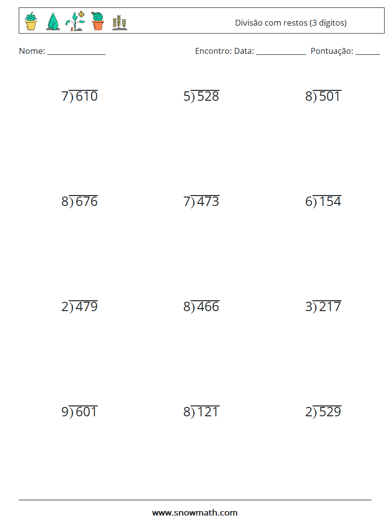 (12) Divisão com restos (3 dígitos) planilhas matemáticas 4
