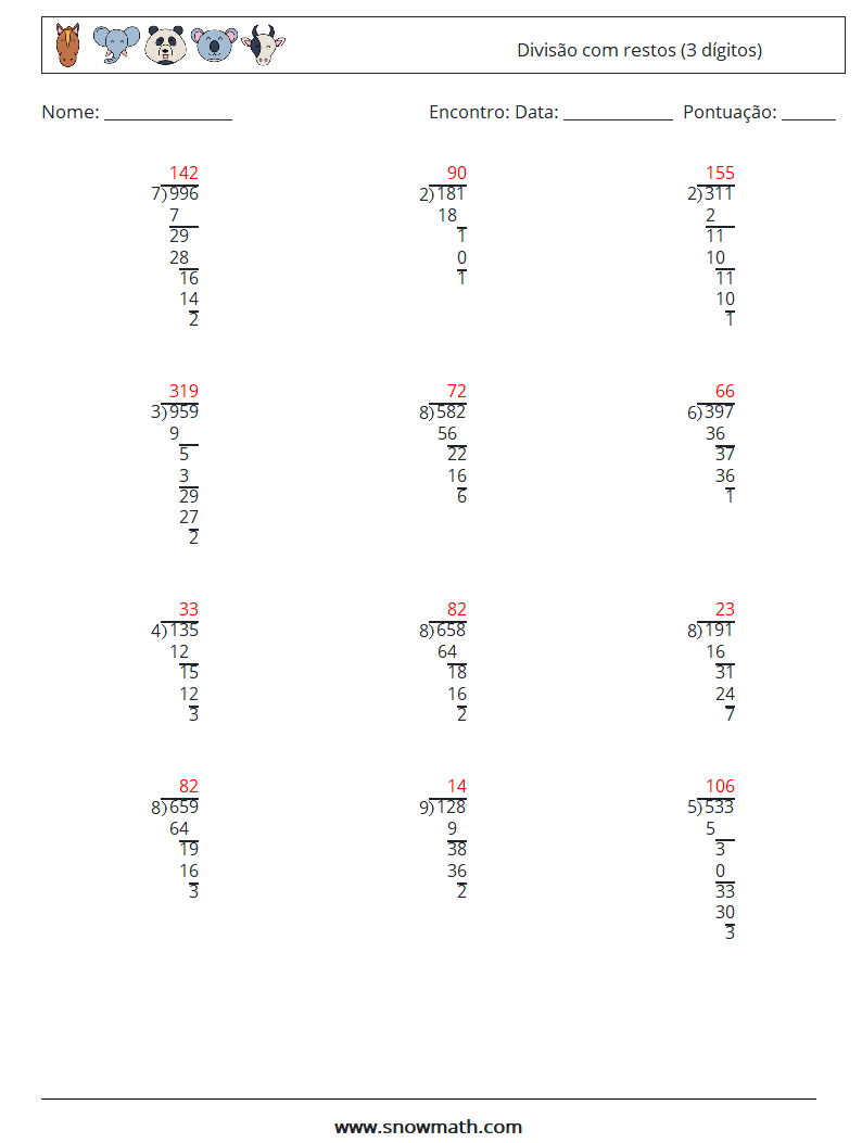 (12) Divisão com restos (3 dígitos) planilhas matemáticas 6 Pergunta, Resposta