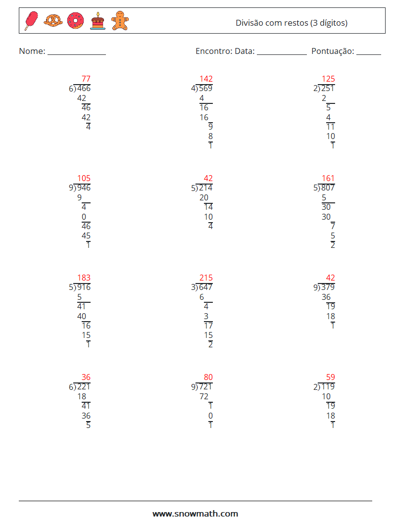 (12) Divisão com restos (3 dígitos) planilhas matemáticas 8 Pergunta, Resposta