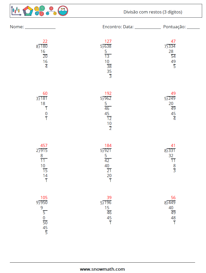 (12) Divisão com restos (3 dígitos) planilhas matemáticas 9 Pergunta, Resposta