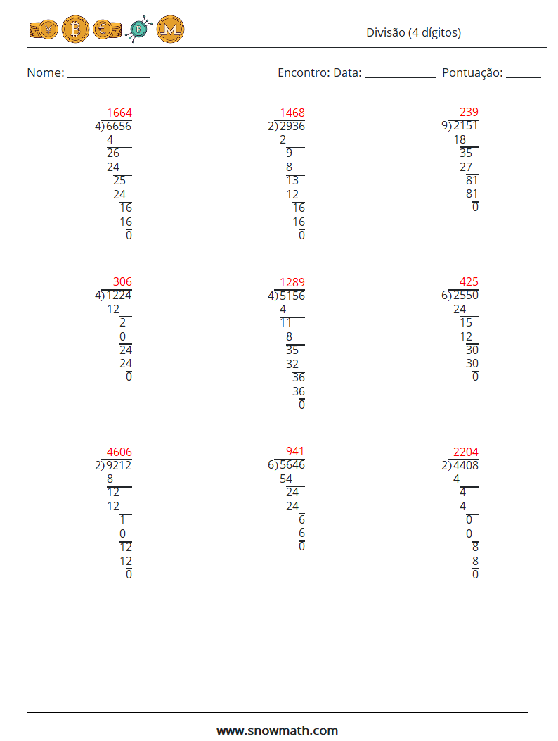 (9) Divisão (4 dígitos) planilhas matemáticas 12 Pergunta, Resposta