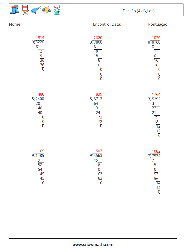 (9) Divisão (4 dígitos) planilhas matemáticas 13 Pergunta, Resposta