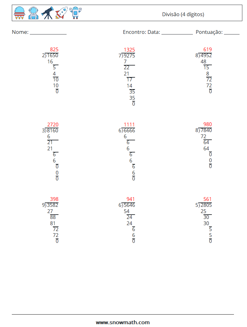 (9) Divisão (4 dígitos) planilhas matemáticas 14 Pergunta, Resposta