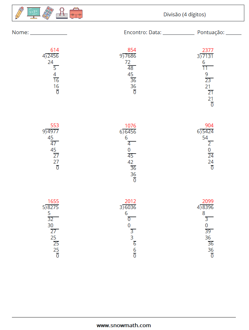 (9) Divisão (4 dígitos) planilhas matemáticas 15 Pergunta, Resposta