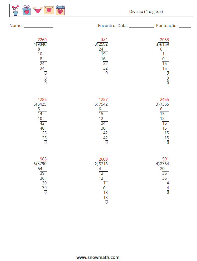 (9) Divisão (4 dígitos) planilhas matemáticas 16 Pergunta, Resposta
