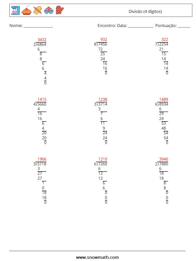 (9) Divisão (4 dígitos) planilhas matemáticas 1 Pergunta, Resposta