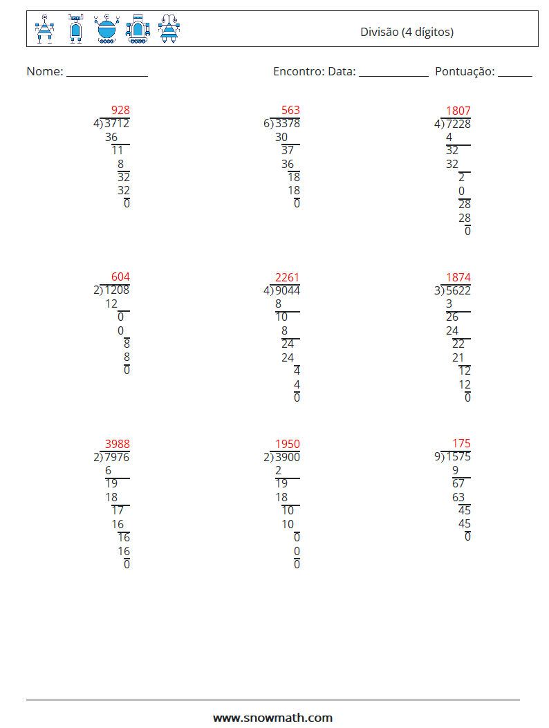 (9) Divisão (4 dígitos) planilhas matemáticas 2 Pergunta, Resposta