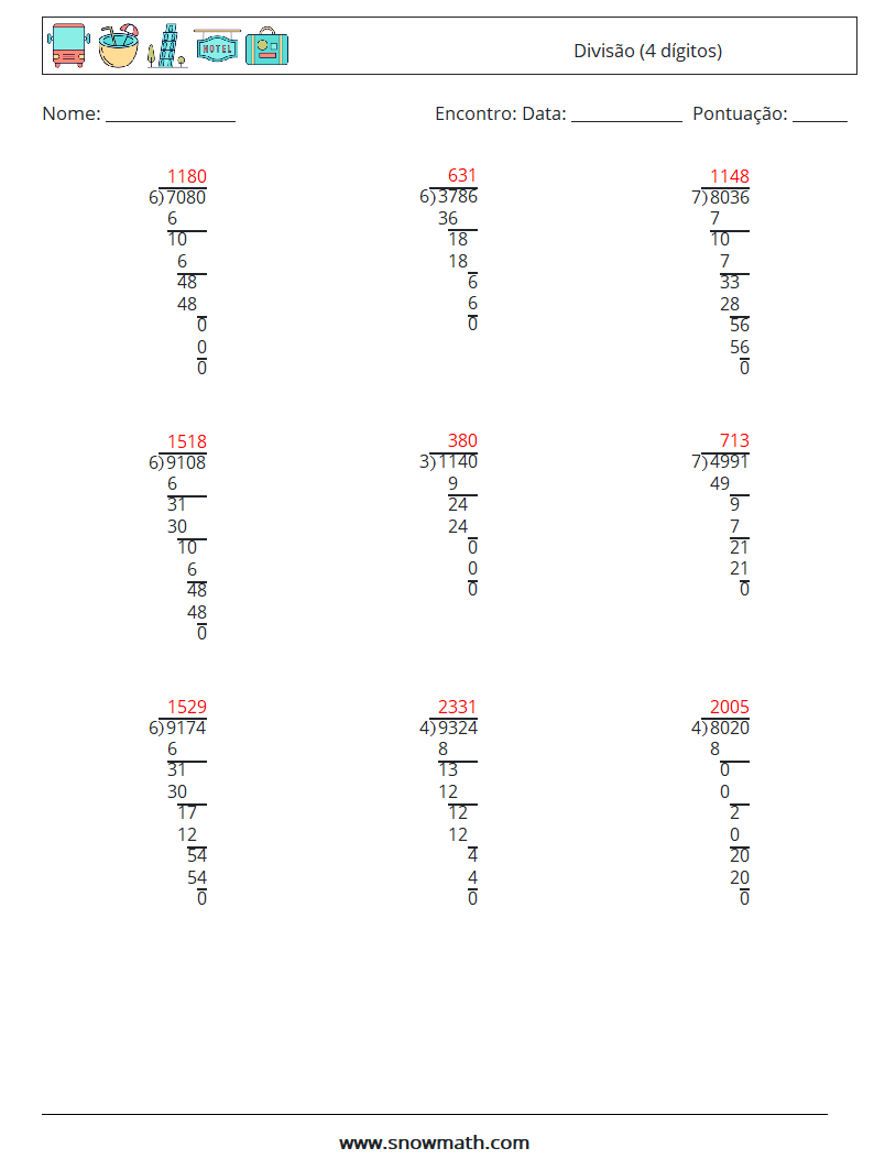 (9) Divisão (4 dígitos) planilhas matemáticas 3 Pergunta, Resposta