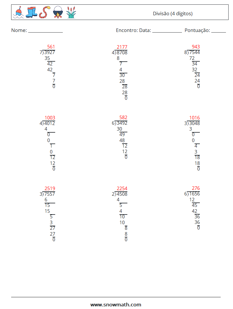 (9) Divisão (4 dígitos) planilhas matemáticas 4 Pergunta, Resposta