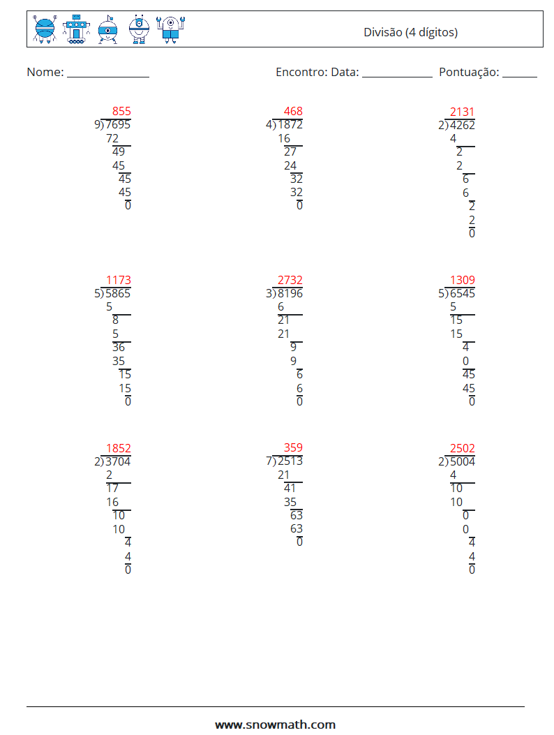 (9) Divisão (4 dígitos) planilhas matemáticas 5 Pergunta, Resposta